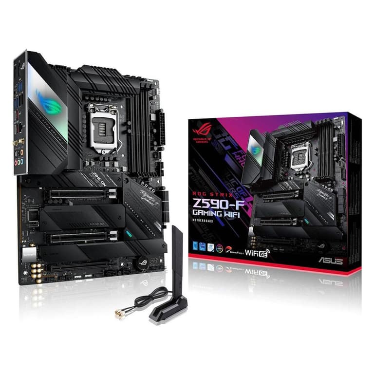 ASUS, ROG STRIX Z590-F GAMING WIFI 6E Intel Z590 PCIe 4.0 2.5Gb Ethernet 4x M.2 slots USB 3.2 Gen 2x2 USB Type-C Aura Sync RGB
