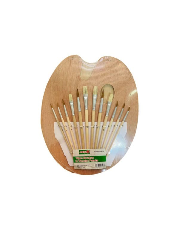 Amigo Painting Brushes With Wooden Palette, 12 Pieces
