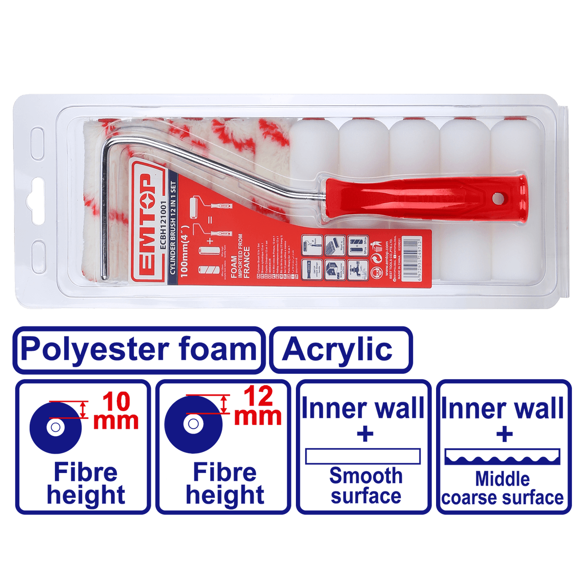 EMTOP ECBH121001 12-Piece 10cm Paint Roller Set