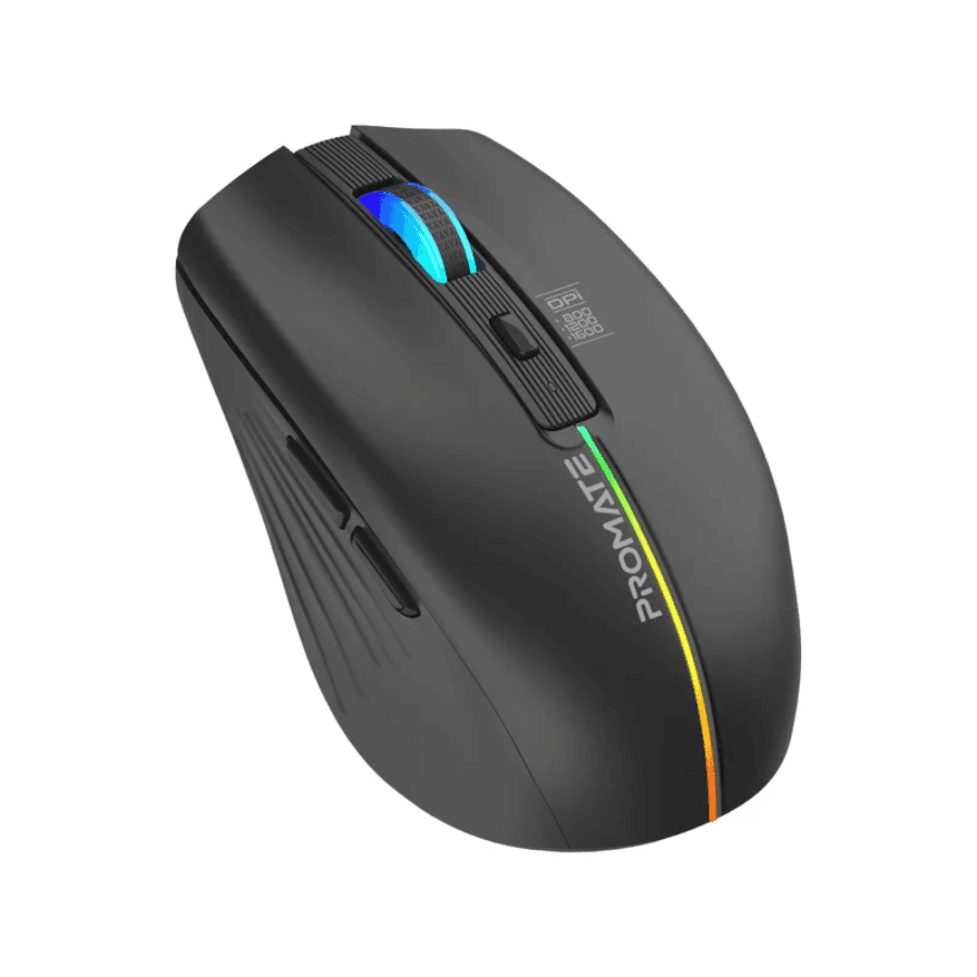 Promate Kitt Rechargeable Wireless Mouse - Vibrant LED Backlight, 500mAh Battery, 6 Functional Buttons, and Adjustable DPI