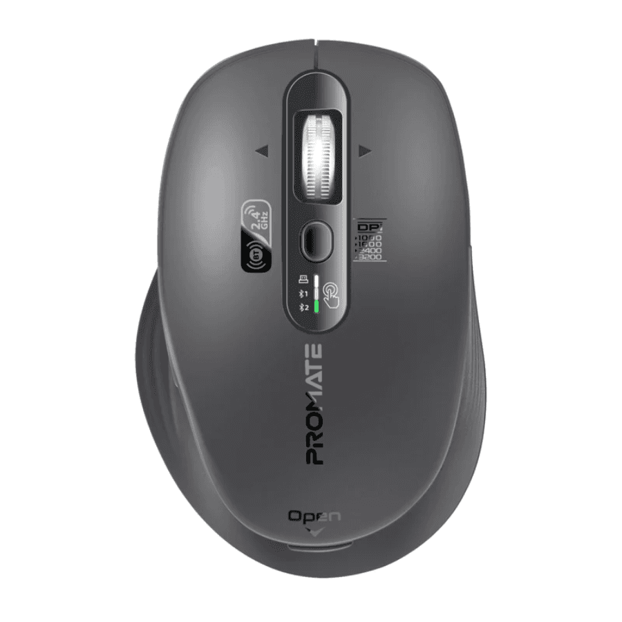 Promate Samotri Premium Triple-Mode Wireless Mouse - 3200 DPI, Smart Flying Scroll Wheel, Silent Clicks, and 4-Way Navigation