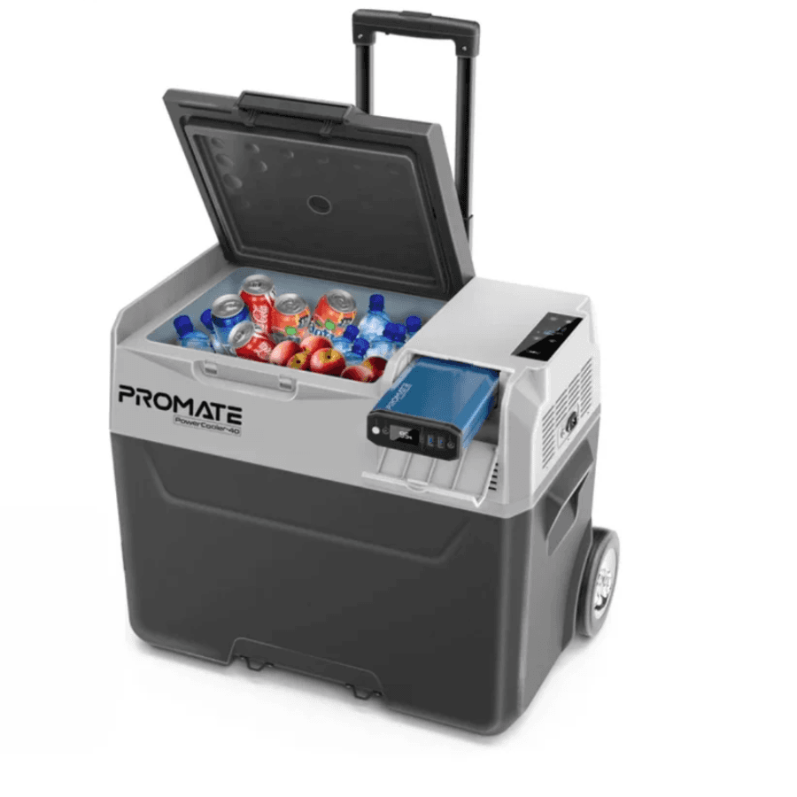 Promate PowerCooler-40 Portable Outdoor Mini Refrigerator - 40 Liters Capacity, CoolFast Technology, Dual Power Mode (AC/DC), and Durable Off-Road Wheels