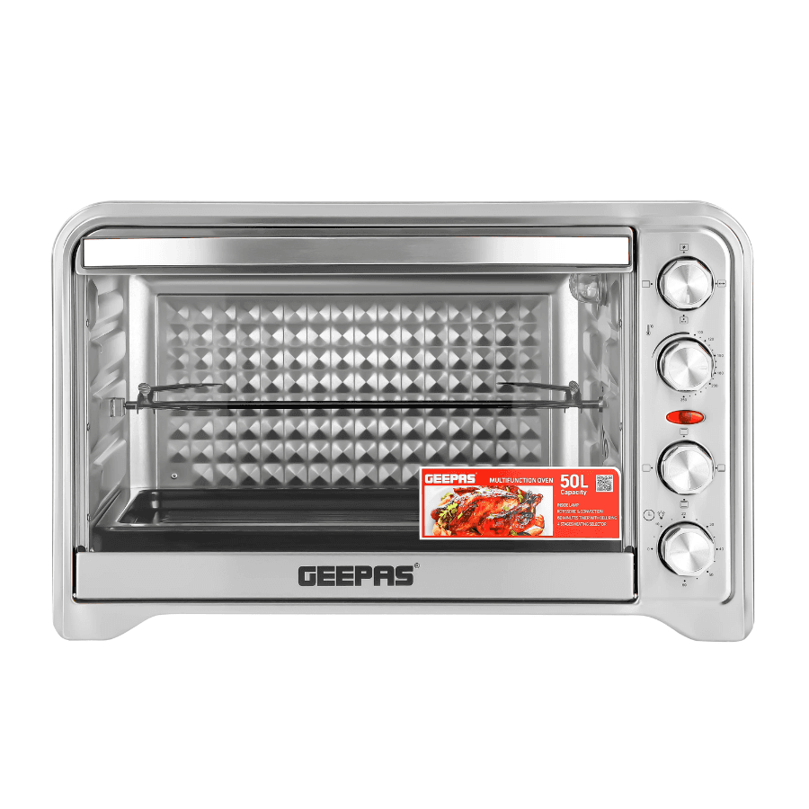 Geepas Electric Oven - 60L Capacity, 2000W Power with 60-Minute Timer, Inside Lamp & Stainless Steel Heating Elements