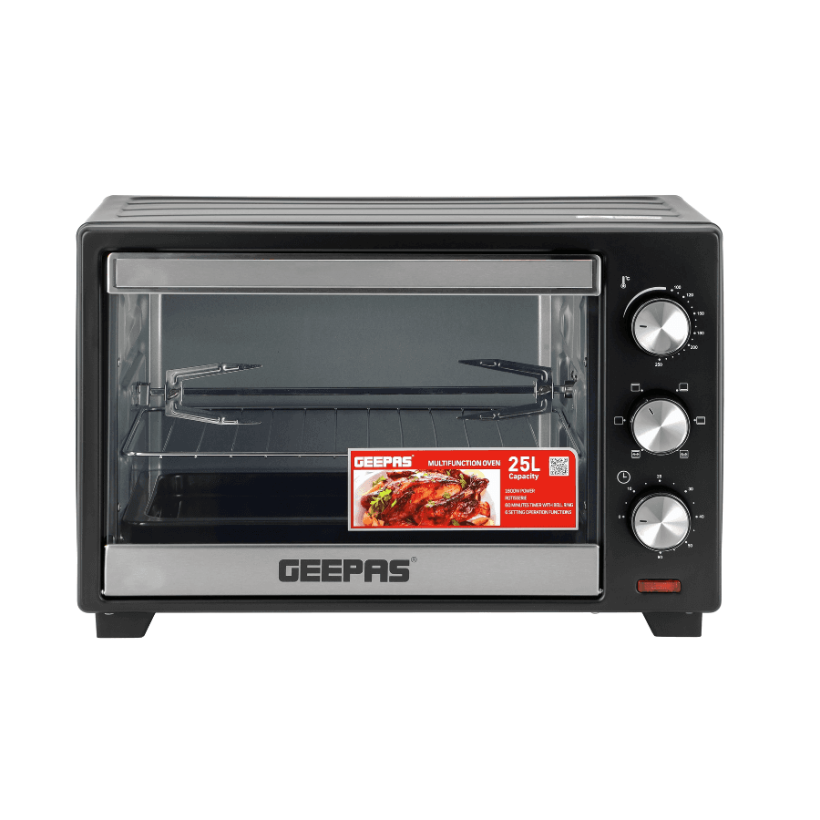 Geepas Electric Oven - 25L Capacity, 1600W Power with 60-Minute Timer & Stainless Steel Heating Elements