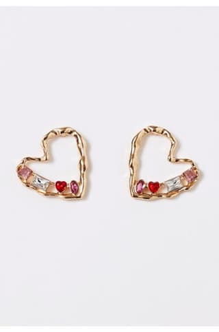 Colorful Rhinestone Hollow Heart Stud Earrings in Gold
