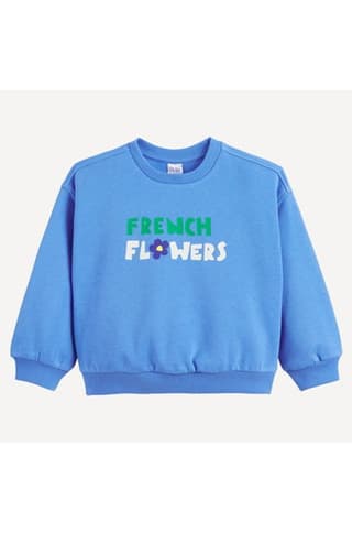 Fleece Crew Neck Sweatshirt Wit French Flowers Slogan Printed On Front