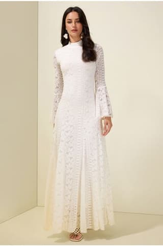 Lace Bell Sleeve Stand Collar Maxi Dress