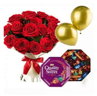20 Red Roses + Mackintosh Chocolate Box + 2 balloons