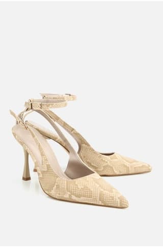 Women's Beige Patterned Ankle Strap Pointed Toe Stiletto Heel U Shoes