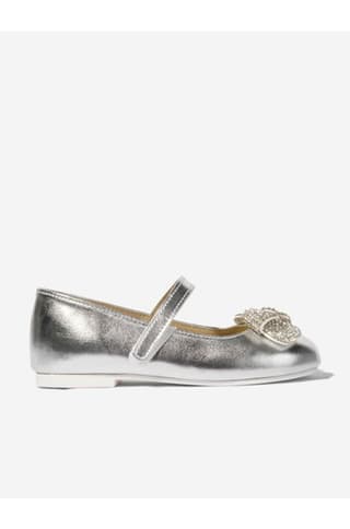 BABYWALKER Girls Leather Crystal Bow Ballerinas in Silver