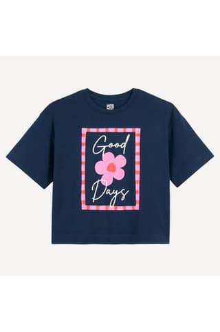 Crew Neck T-Shirt Printed with Slogan and Flowers
