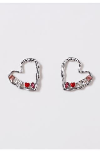 Colorful Rhinestone Hollow Heart Stud Earrings in Silver