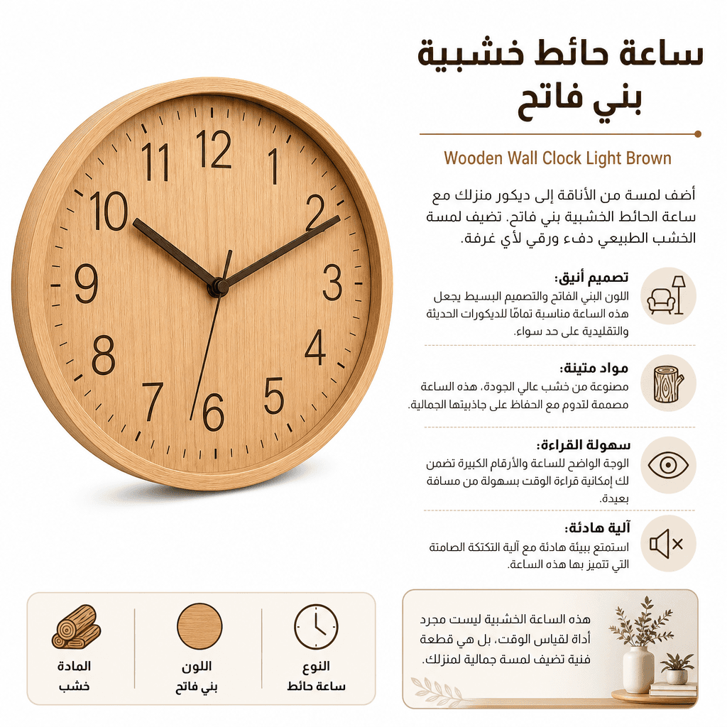 Wooden Wall Clock Light Brown